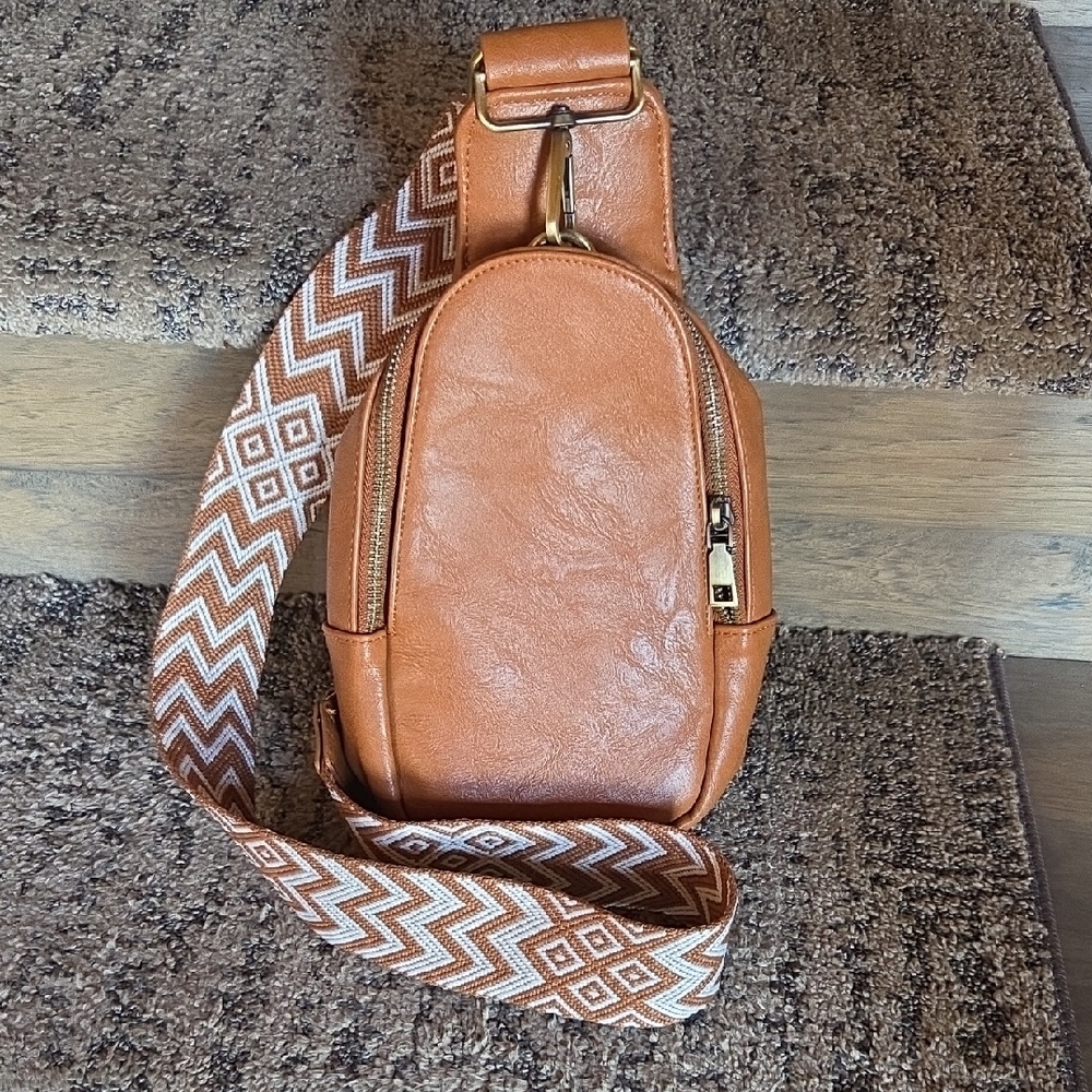 Stylish Tan Sling Crossbody Bag with Patterned Strap